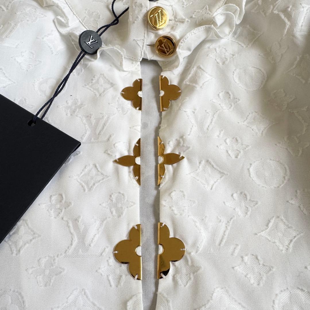 新品タグ付　21SS　ルイヴィトン　シャツ　モノグラム　総柄　フリル　L相当　白