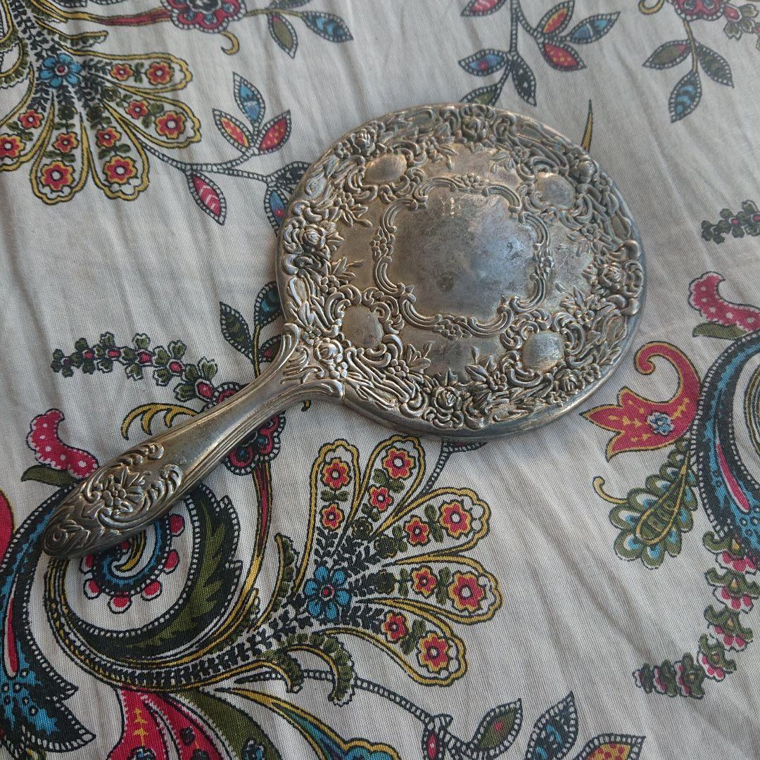 アンティーク 銀メッキ 手鏡 花柄