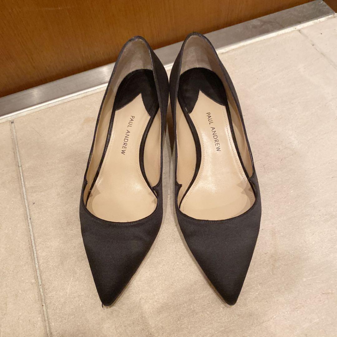 ポールアンドリュー パンプス サテン ストーン ボール ヒール 黒 ブラック