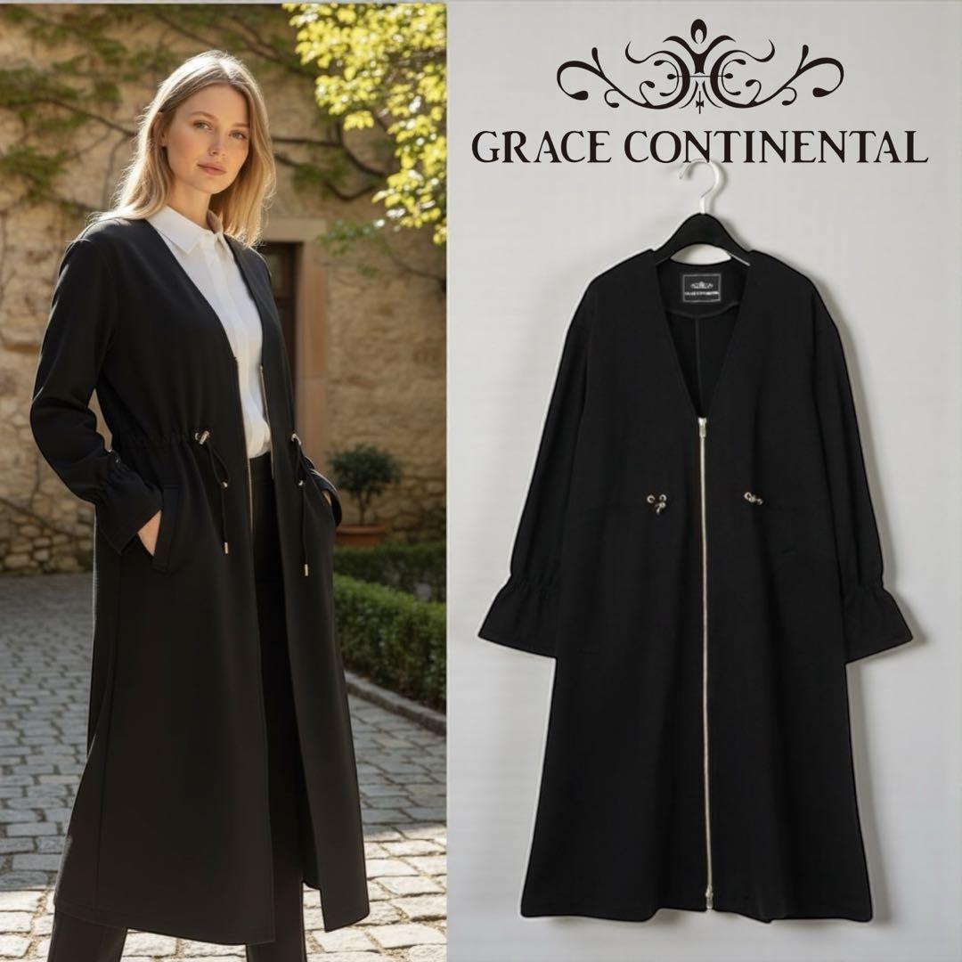 グレースコンチネンタル ポンチフレアコート ノーカラー ロングコート ブラック