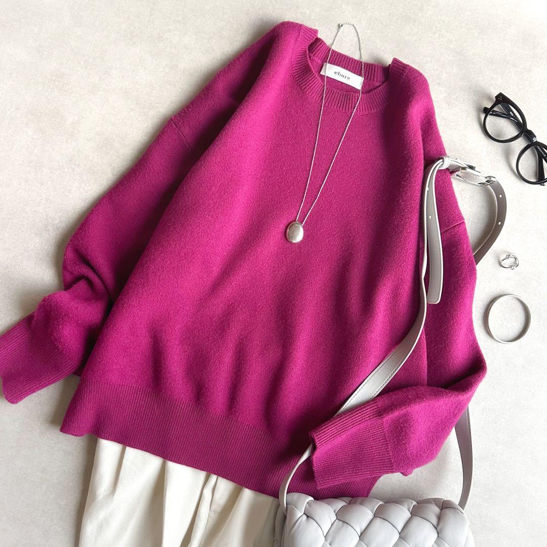 美品▲ebureエブール//ソフトスムース クルーネックニット▲パープルピンク