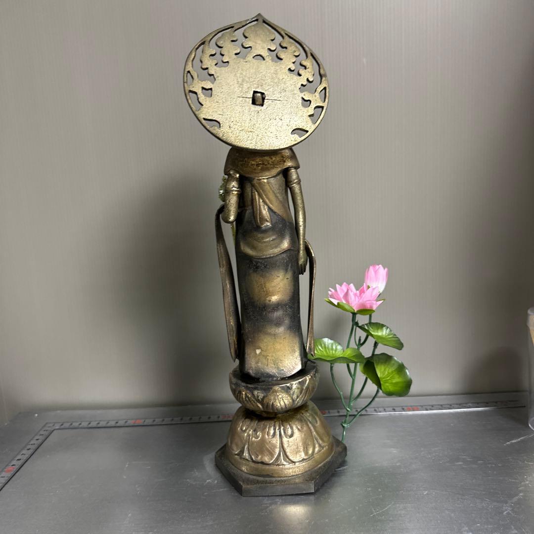 特大、銅製、観音、立像、38.センチ。塗り箱付き。