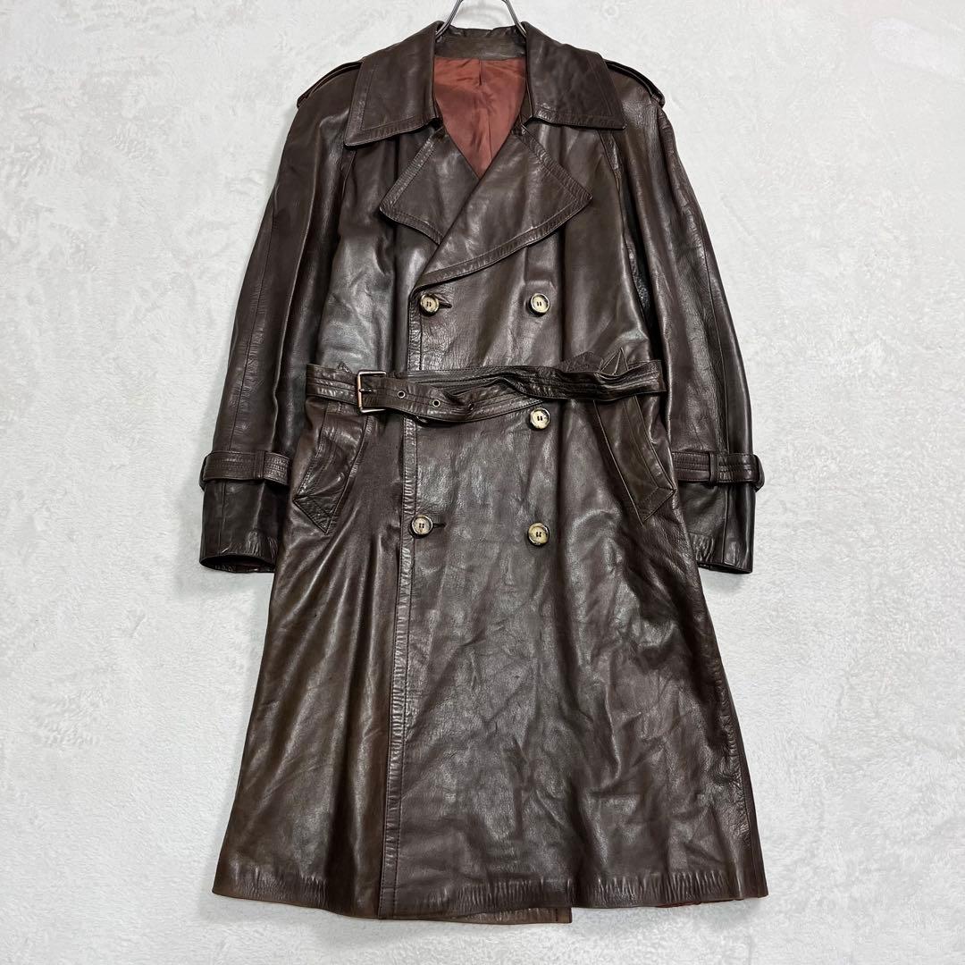 レザートレンチコート 本革 ブラウン ベルト ダブル釦 ヴィンテージ