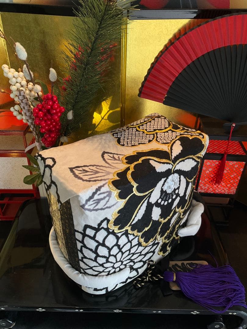 一閑張り　一閑張りバッグ　古文書　和紙　花絵柄　大正　着物　梅　京友禅　牡丹　菊