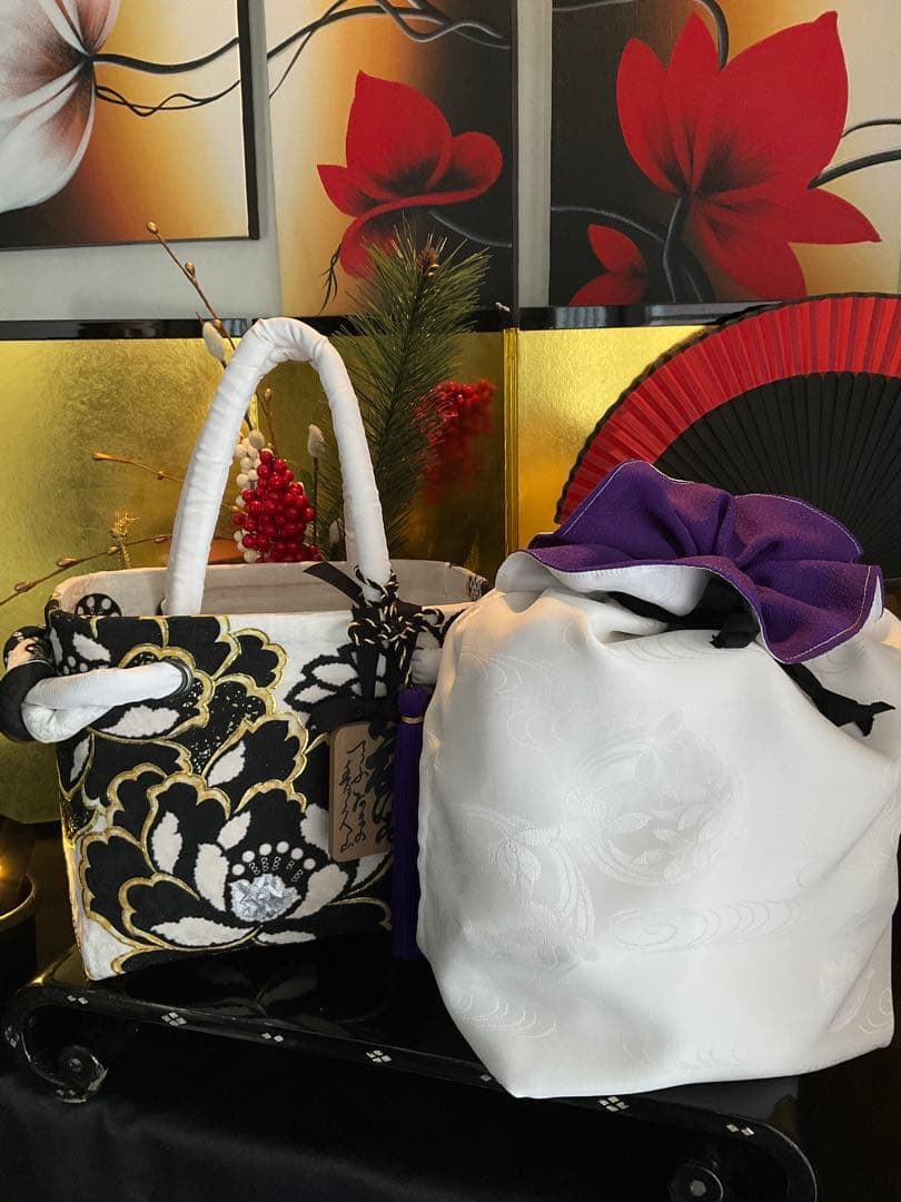 一閑張り　一閑張りバッグ　古文書　和紙　花絵柄　大正　着物　梅　京友禅　牡丹　菊