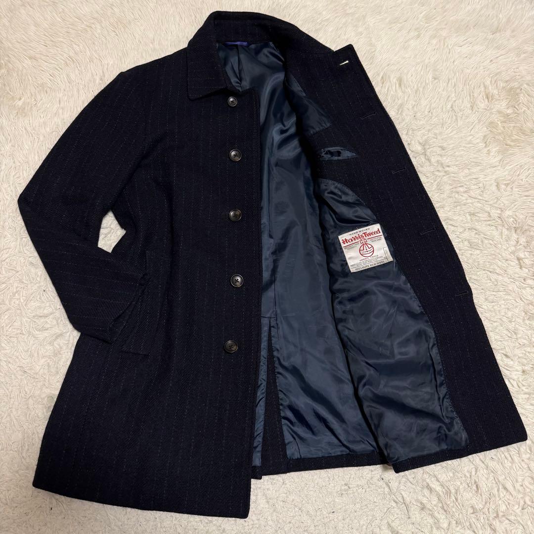 美品　ハリスツイード　ロングコート　ステンカラー　ヘリンボーン　ネイビー