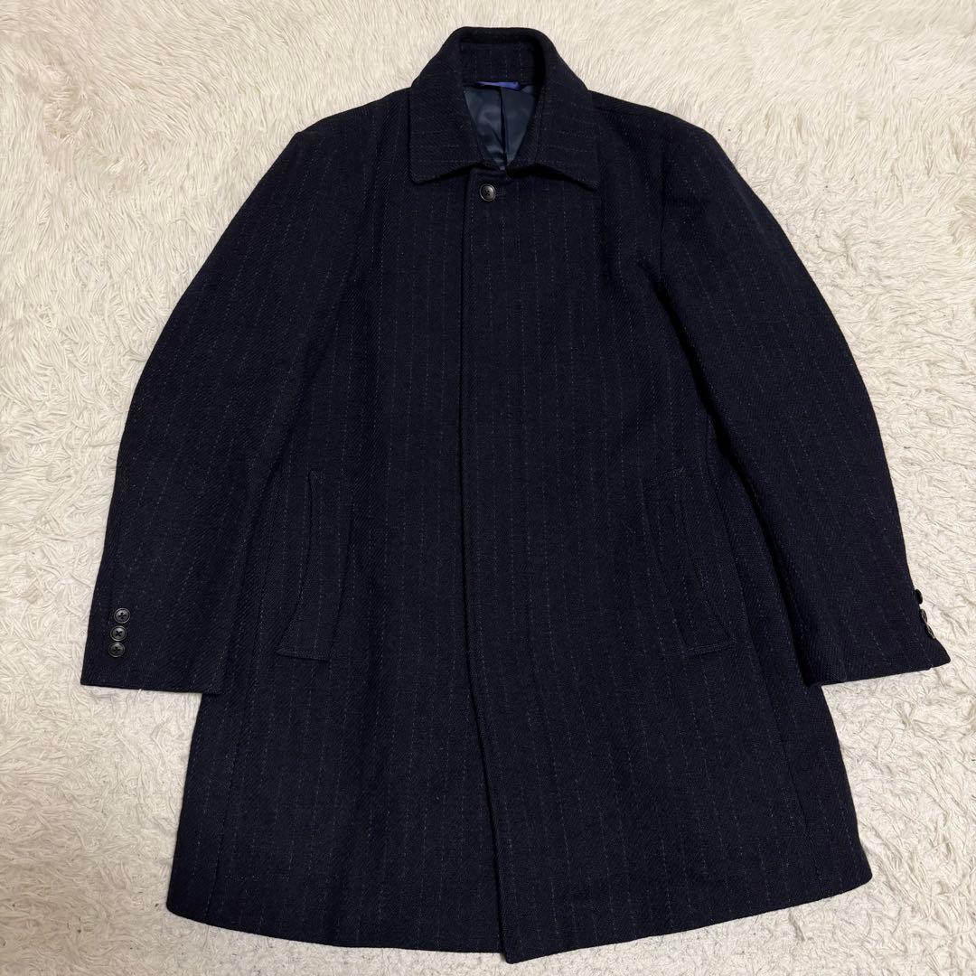 美品　ハリスツイード　ロングコート　ステンカラー　ヘリンボーン　ネイビー
