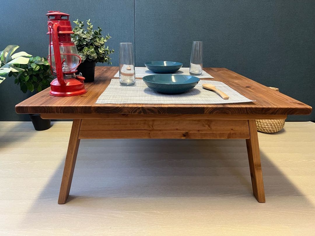 【送料無料】 ローテーブル 正方形 90cm 杉 ブラウン 折り畳み脚 ハ型