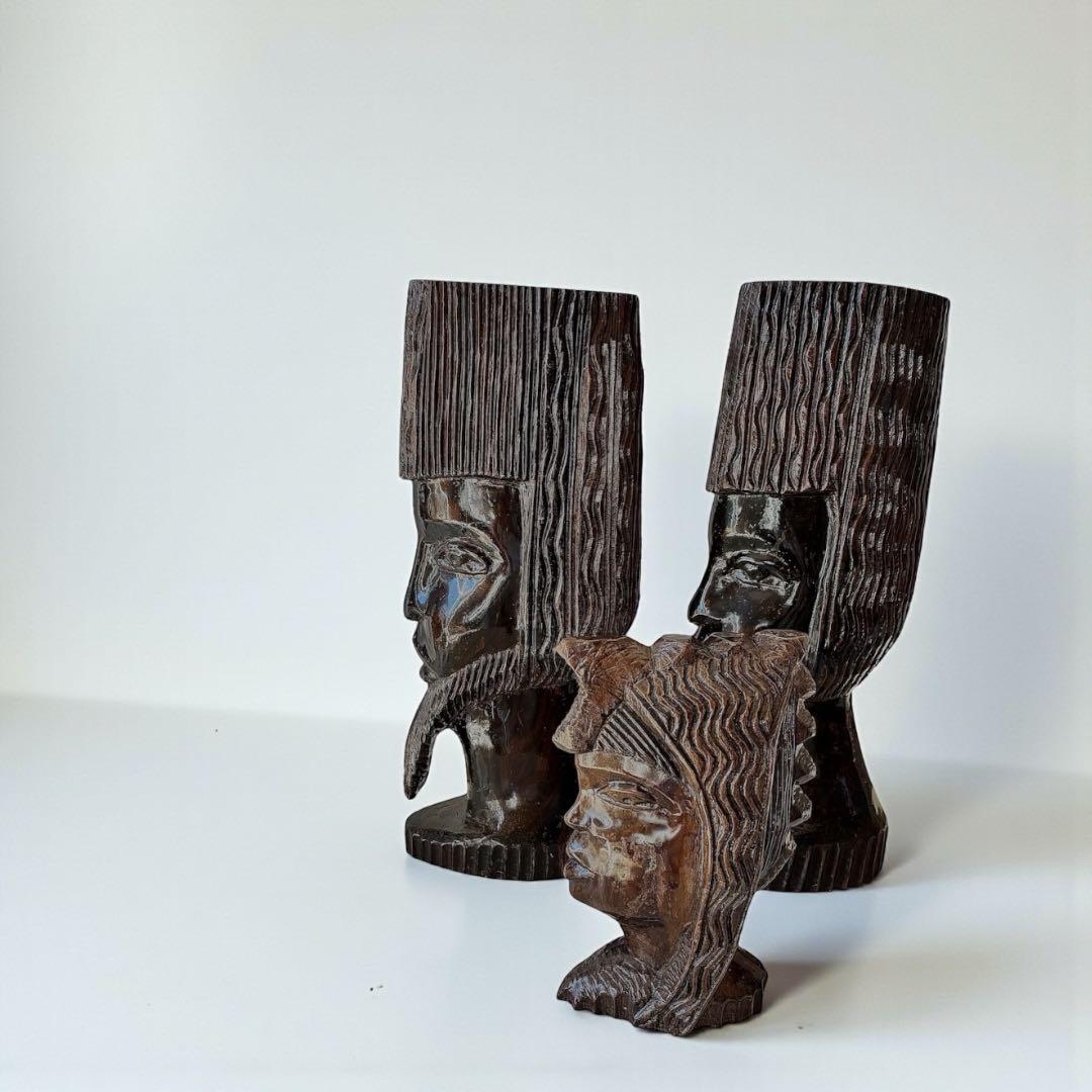 【民藝アート】アジアン木彫 人物像3体セット｜儀礼像・プリミティブオブジェ