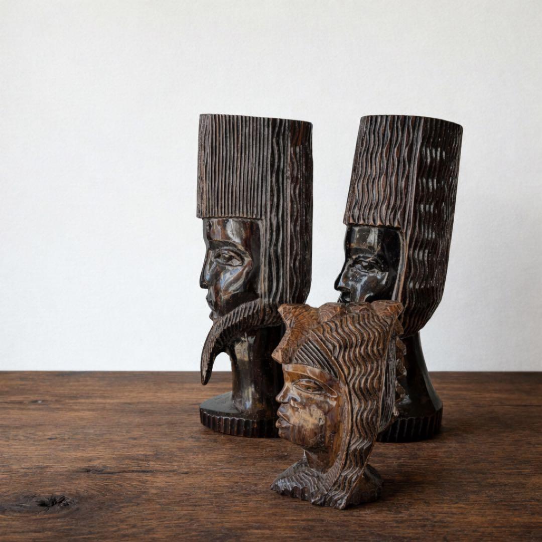 【民藝アート】アジアン木彫 人物像3体セット｜儀礼像・プリミティブオブジェ