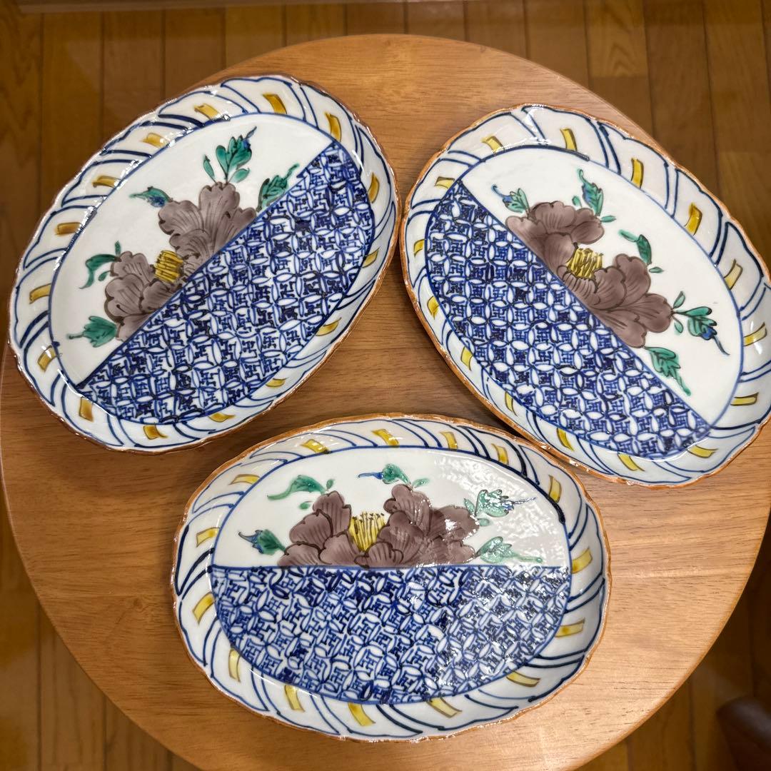 ⭐️九谷焼⭐️正木春蔵❤️牡丹 　輪花オーバル皿3枚セット