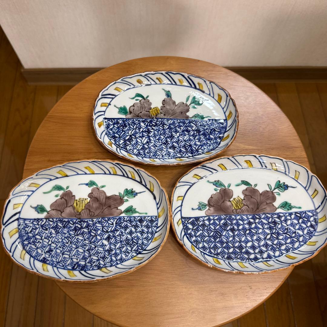 ⭐️九谷焼⭐️正木春蔵❤️牡丹 　輪花オーバル皿3枚セット