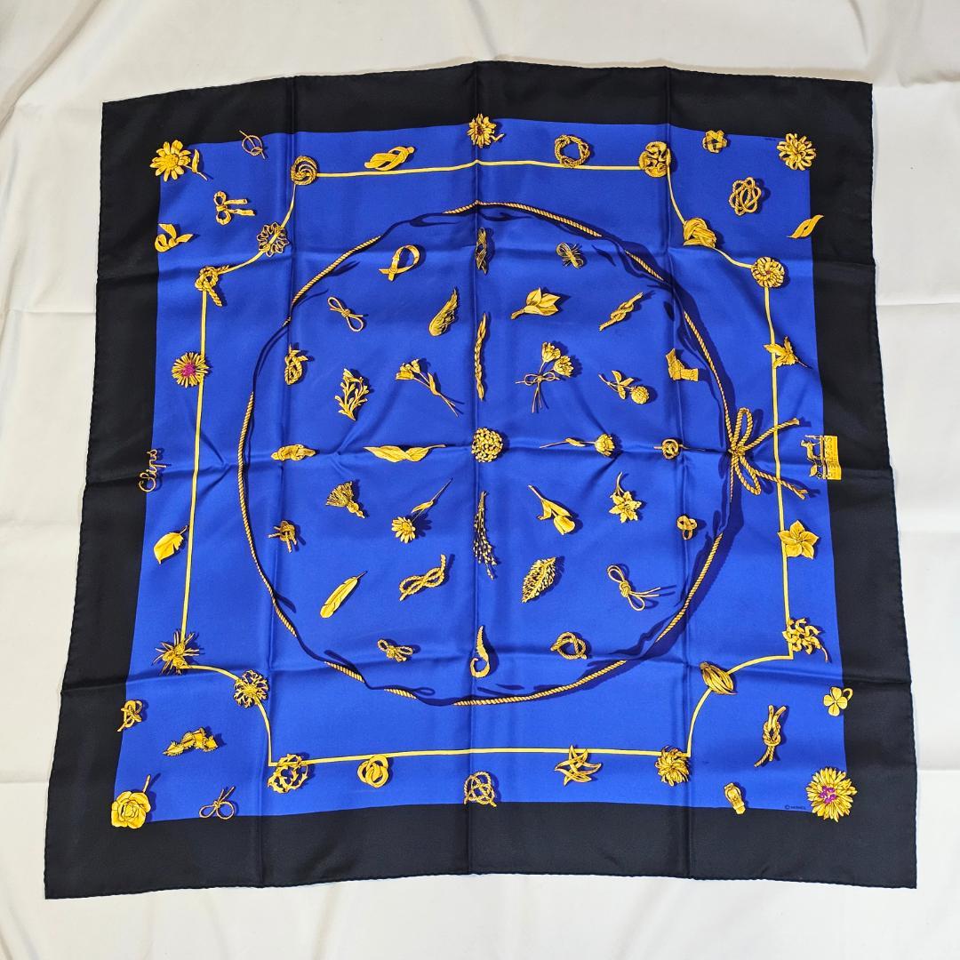 エルメス カレ90 クリップス ノット柄 シルク スカーフ 青 黒