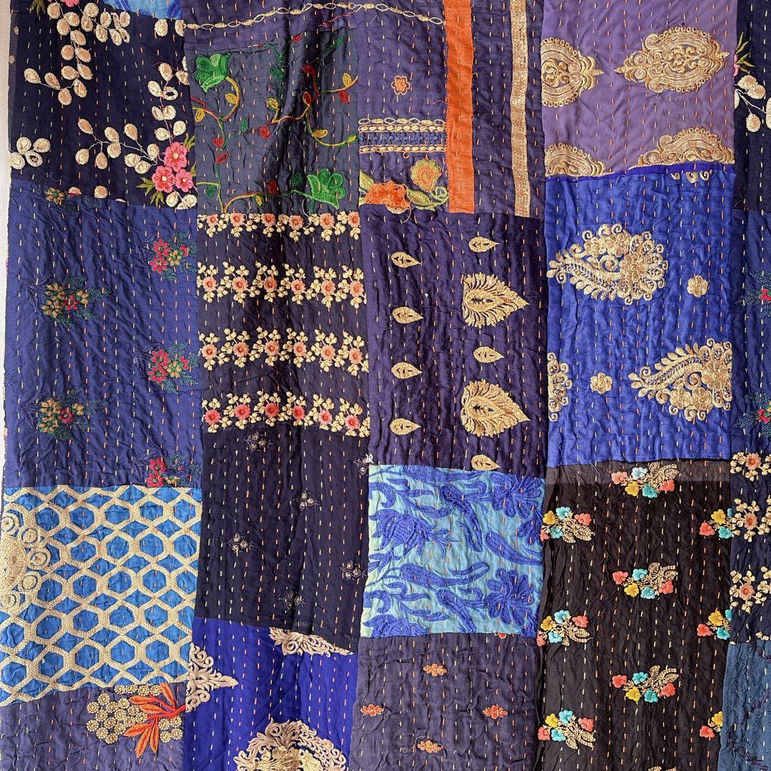 未使用❁大判　エンブロイダリー　ネイビー　パッチワークカンタキルトマルチカバー