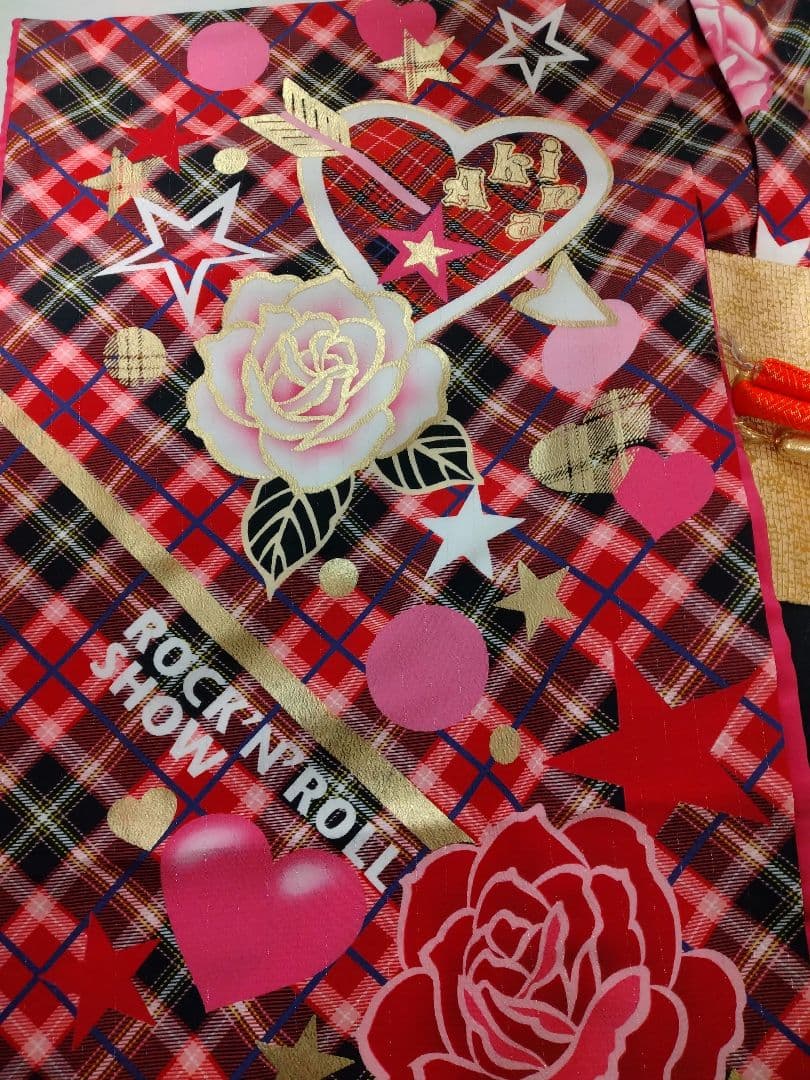 着物のみ七五三7歳祝着物フルセット南明奈ブランド金箔チェック薔薇作り帯はこせこ