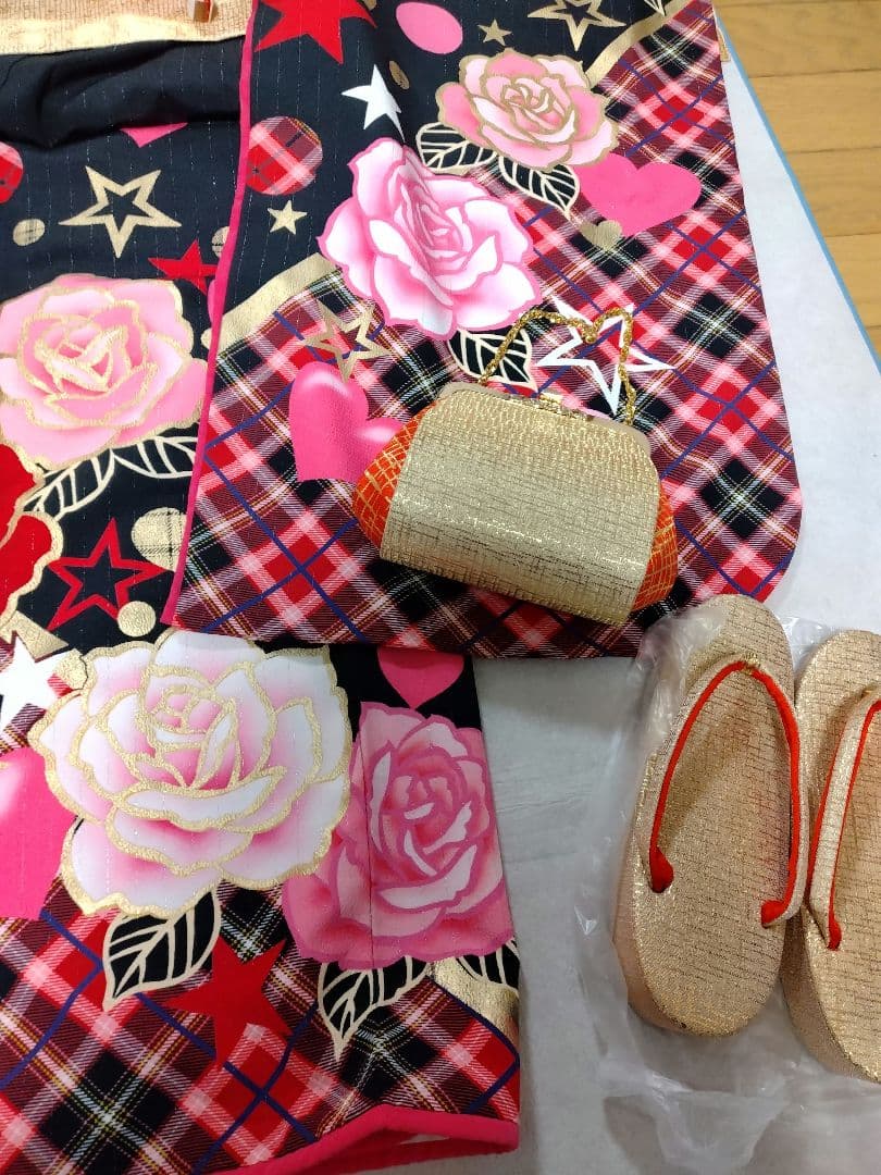 着物のみ七五三7歳祝着物フルセット南明奈ブランド金箔チェック薔薇作り帯はこせこ