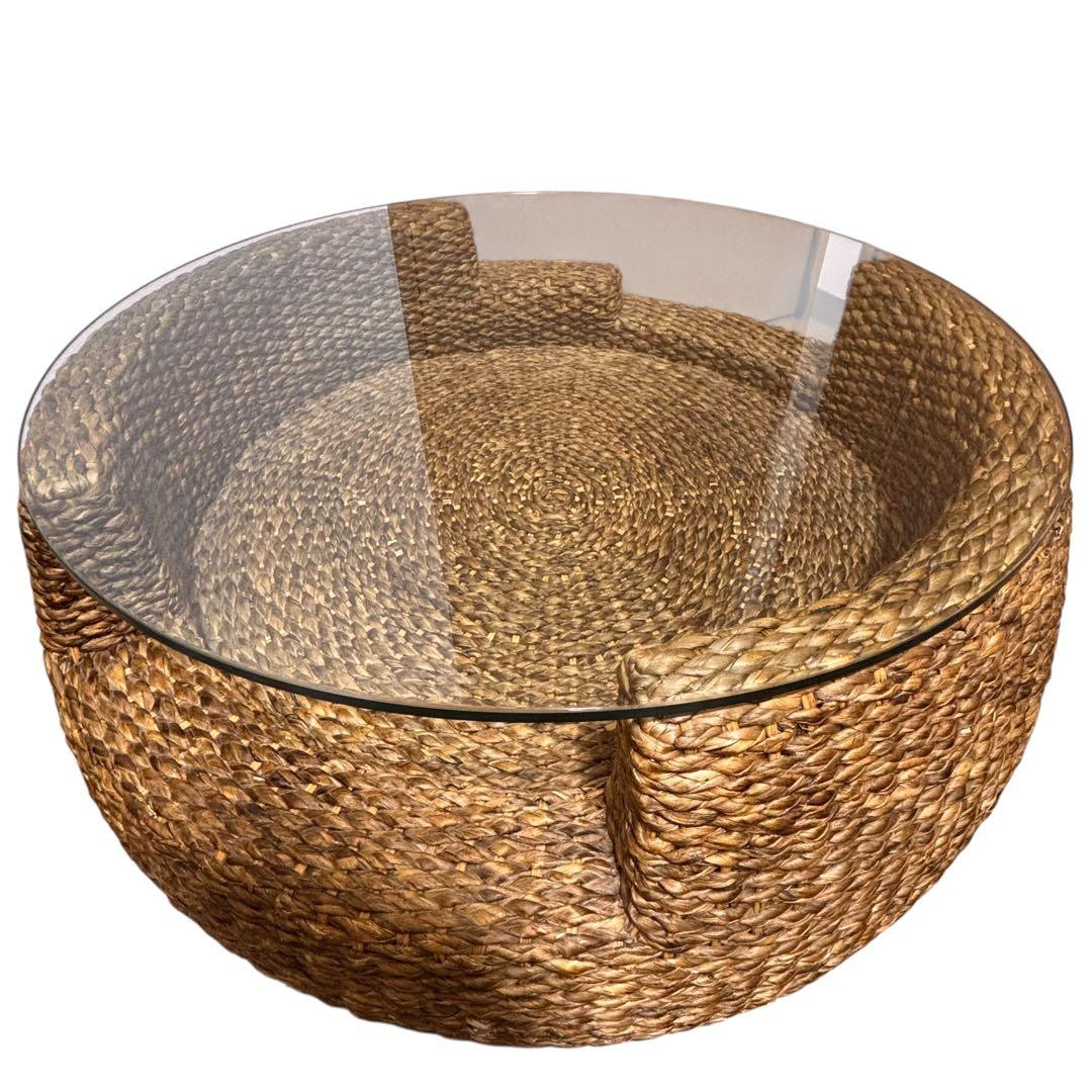 【美品】ラタン製 ガラス天板 円形テーブル / ラウンドテーブル/ローテーブル