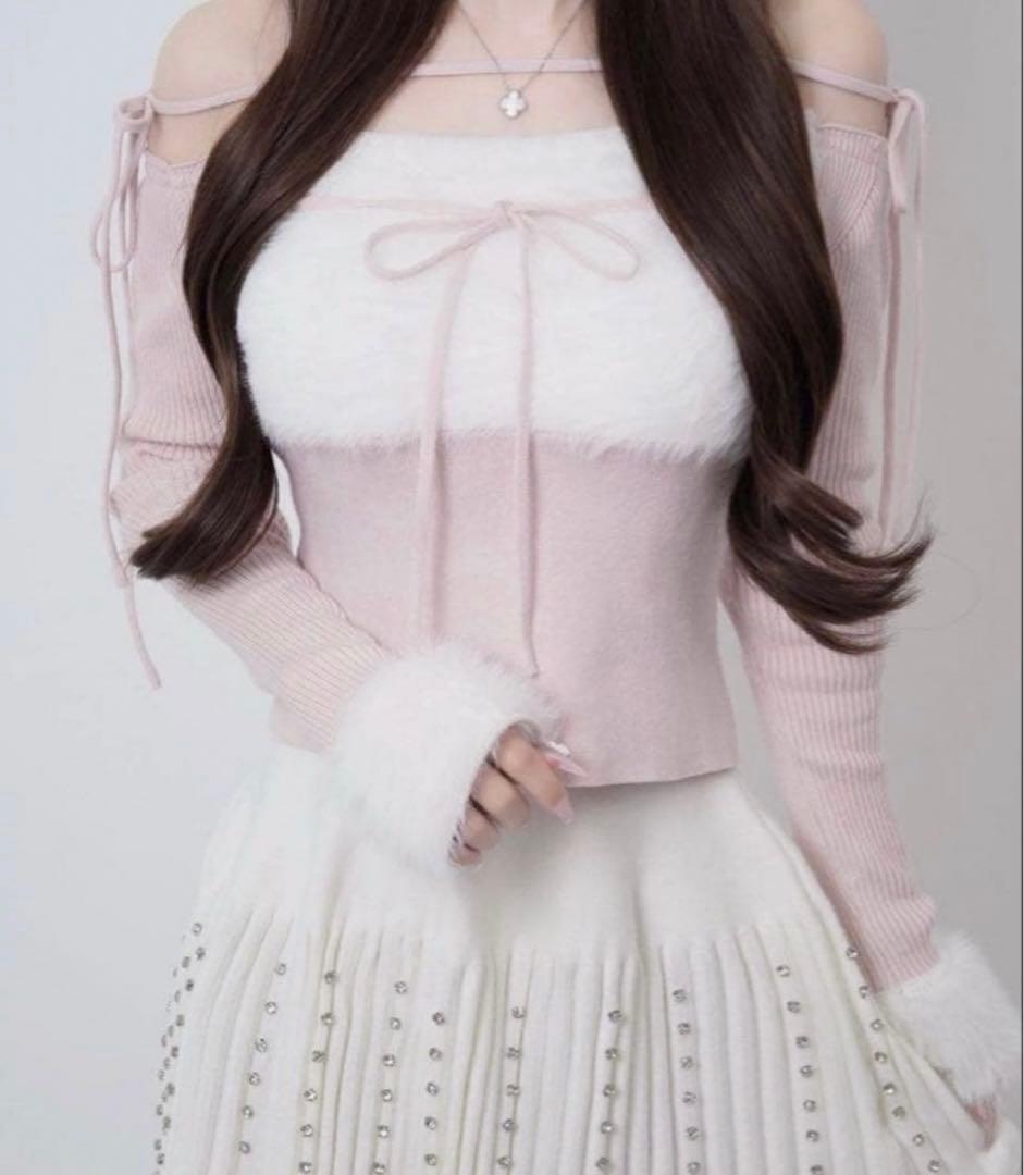 Ribbon bust fluffy tops ルミニョン ニット ピンク