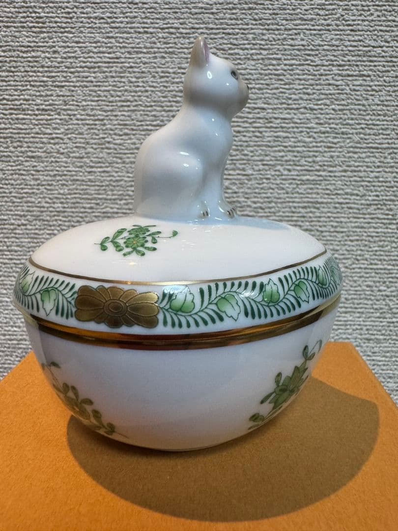 Herend ヘレンド　アポニーグリーン　猫ちゃんボンボニエール