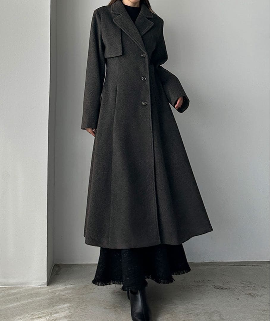 Louere ウエストシェイプフレアチェスターコート S ダークグレー ロング丈