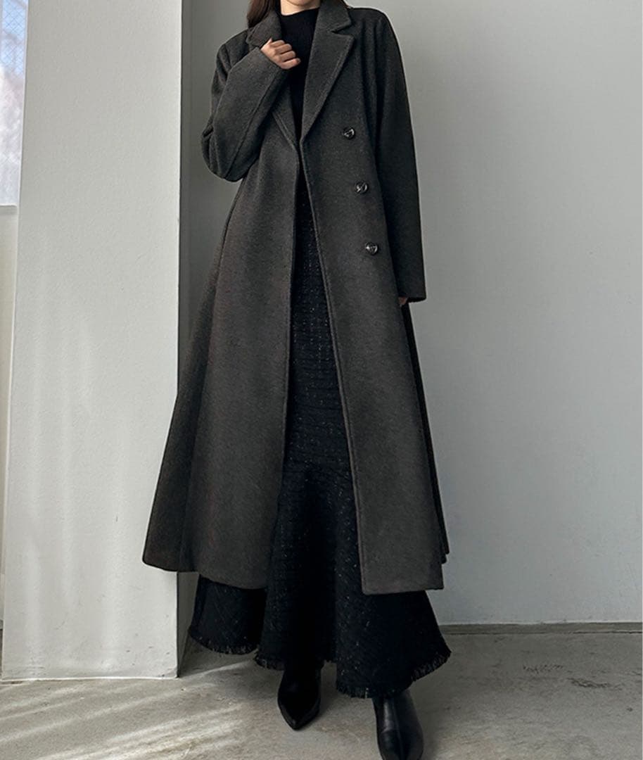 Louere ウエストシェイプフレアチェスターコート S ダークグレー ロング丈