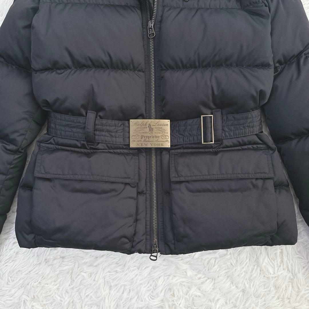 美品 ラルフローレン ダウンジャケット ロゴ金具 バックルベルト 黒 防寒 肉厚