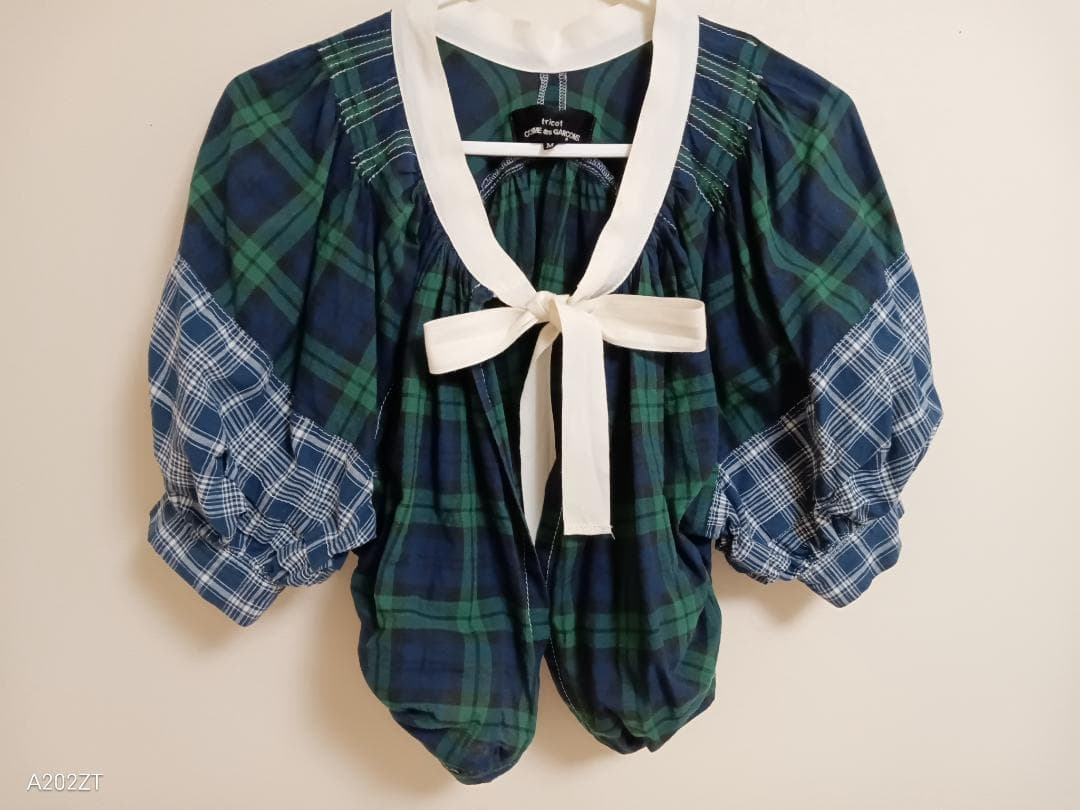 ★トリココムデギャルソン・ボレロ風ブラウス・チェック切替・M・綿100％