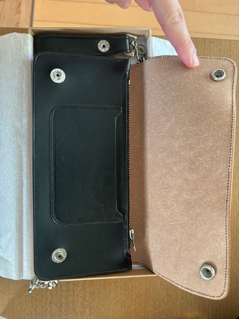 Leatherno ブラック レザー 長財布 チェーン付き