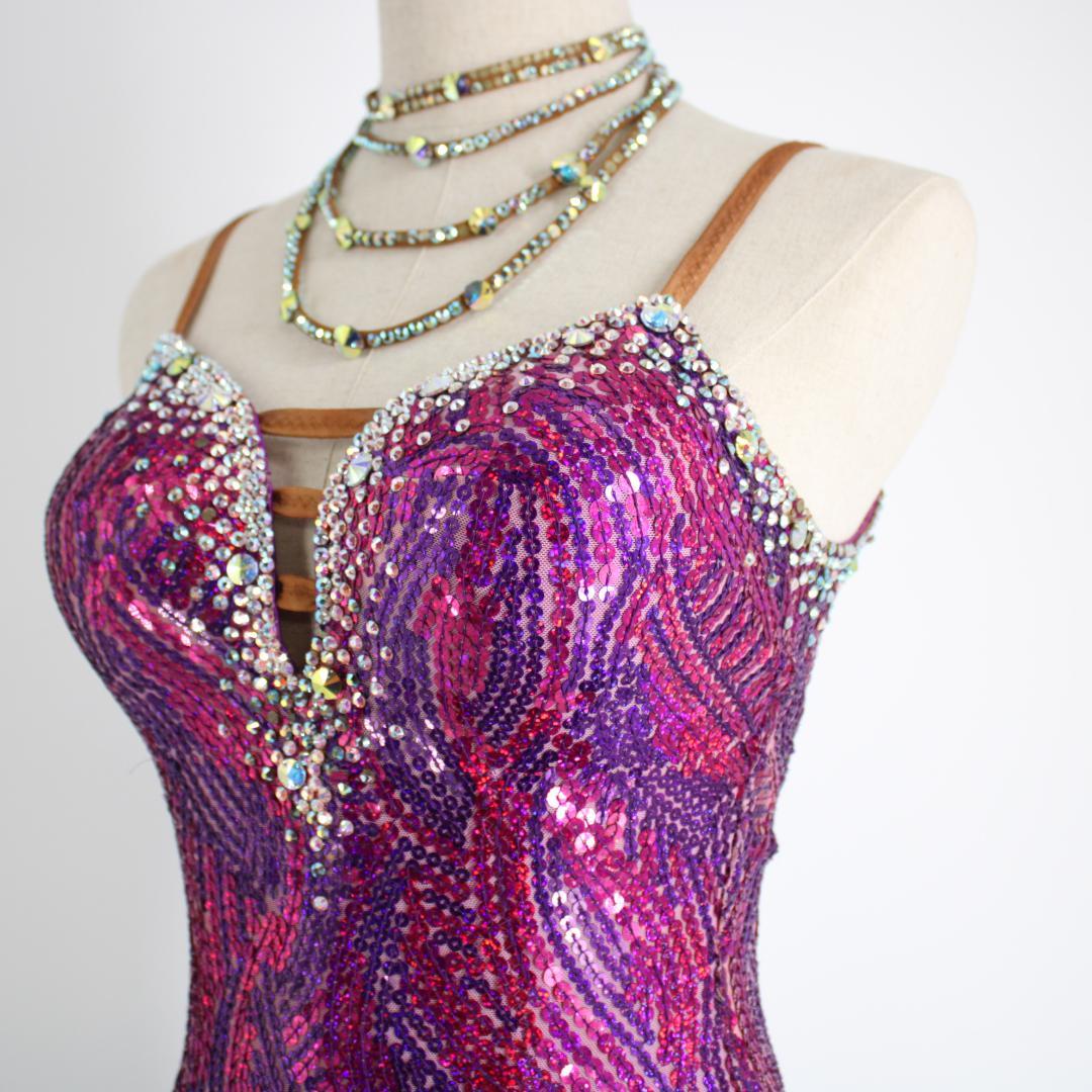 【社交ダンス衣装】パープル×豪華フリル ラテンドレス ワンピース 紫