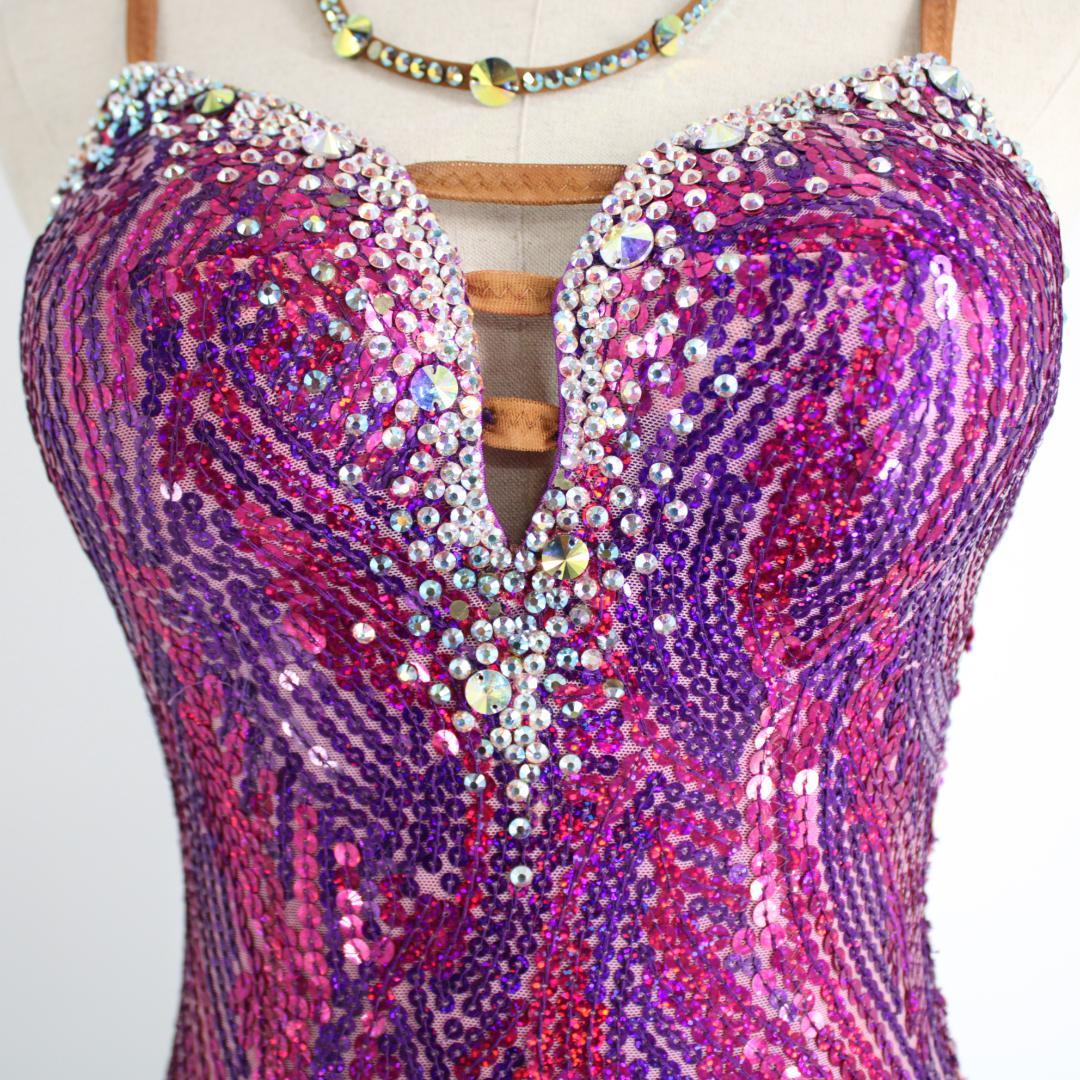 【社交ダンス衣装】パープル×豪華フリル ラテンドレス ワンピース 紫