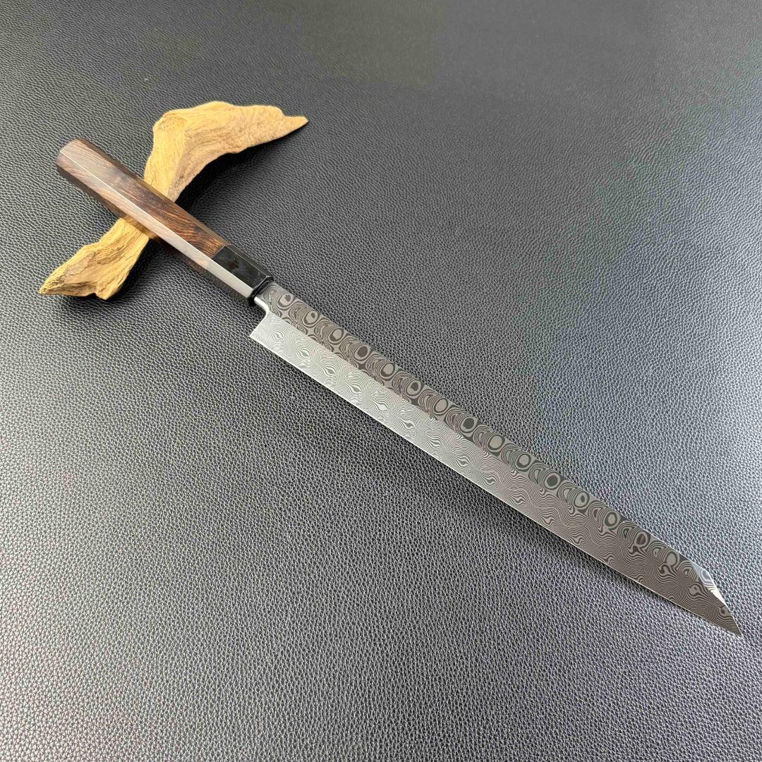 9542新品ダマスカス 切付柳刃包丁 尺一波紋の舞 105層 黒檀黒水牛角八角柄