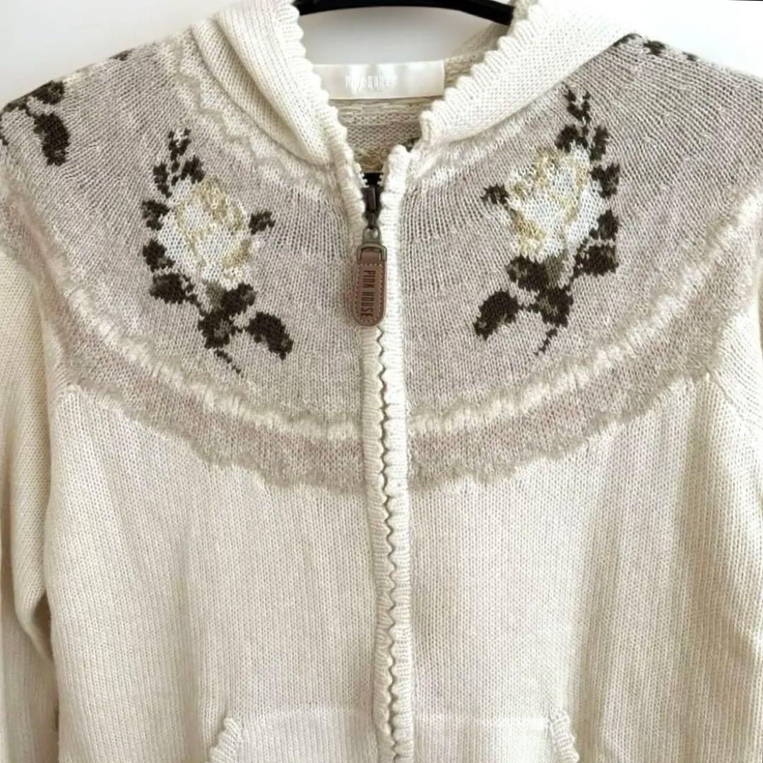 ピンクハウスフード付きニットジップパーカーカーディガン　カシミヤアンゴラ混レトロ