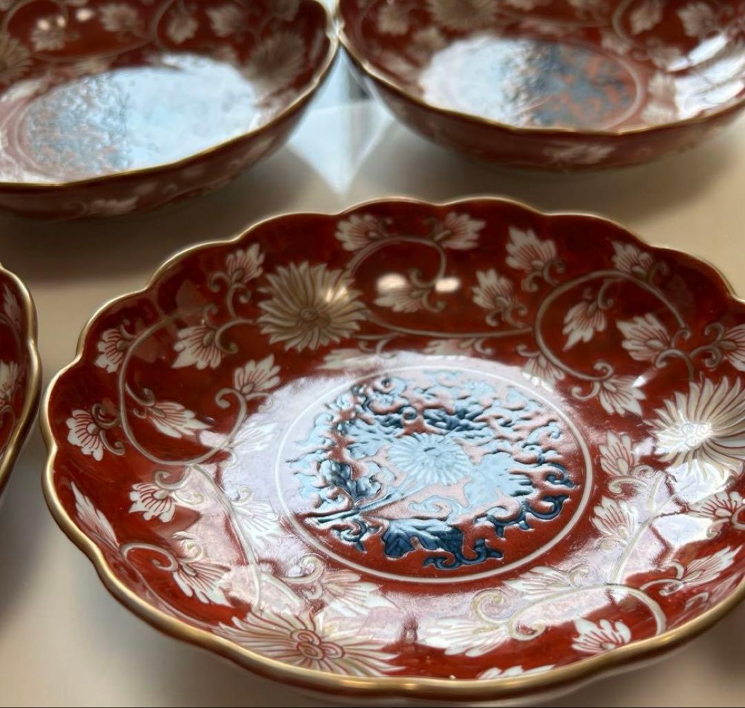 【希少】源右衛門作　古伊万里の伝統　日本の銘窯　赤濃菊唐草文　五枚セット