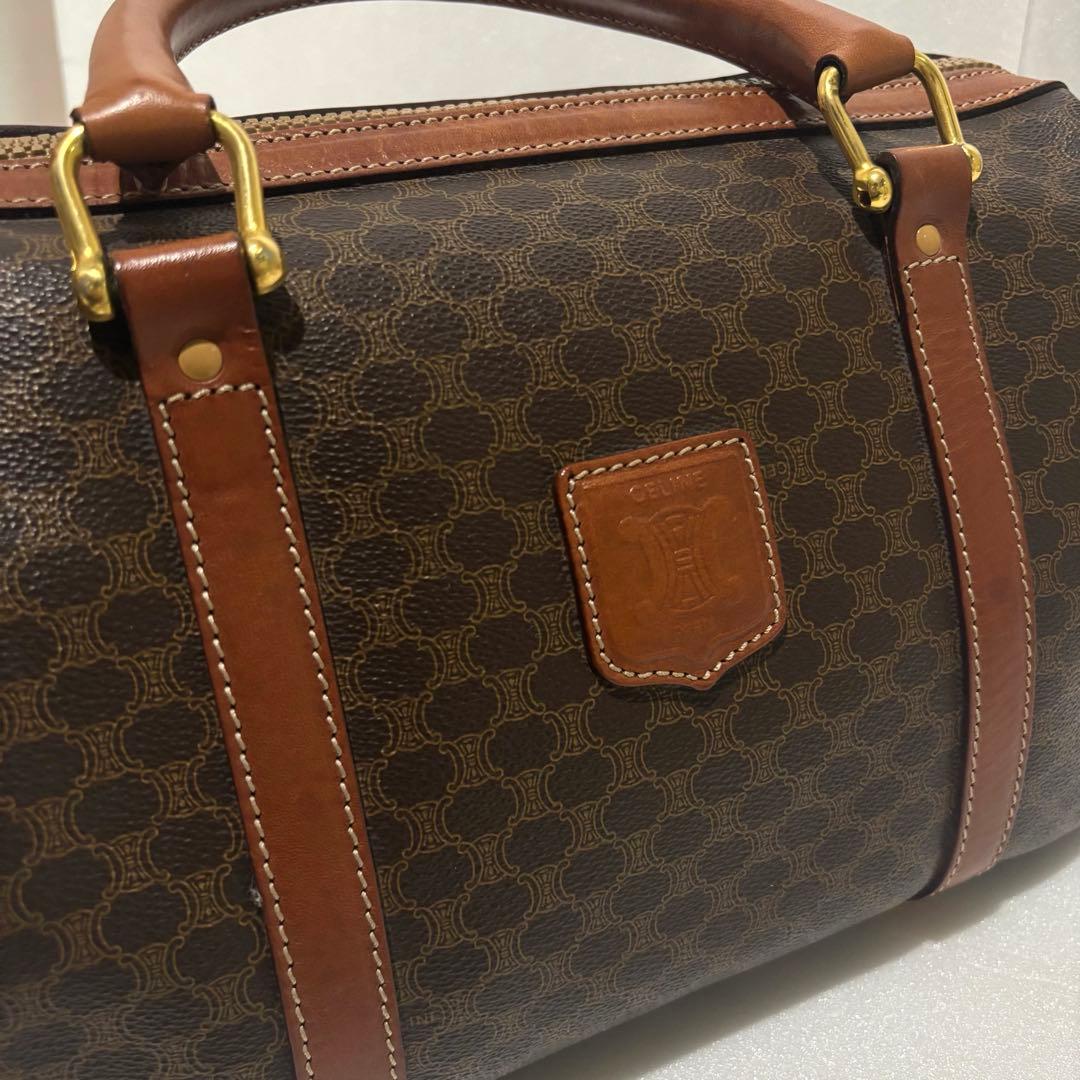 セリーヌ マカダム柄 ボストンバッグ PVC レザー ブラウン　ヴィンテージ