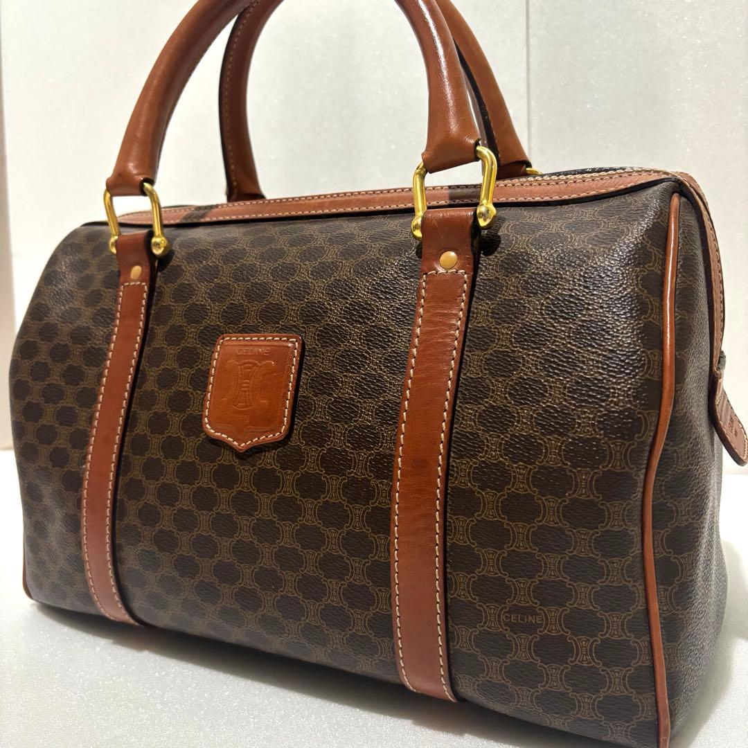 セリーヌ マカダム柄 ボストンバッグ PVC レザー ブラウン　ヴィンテージ