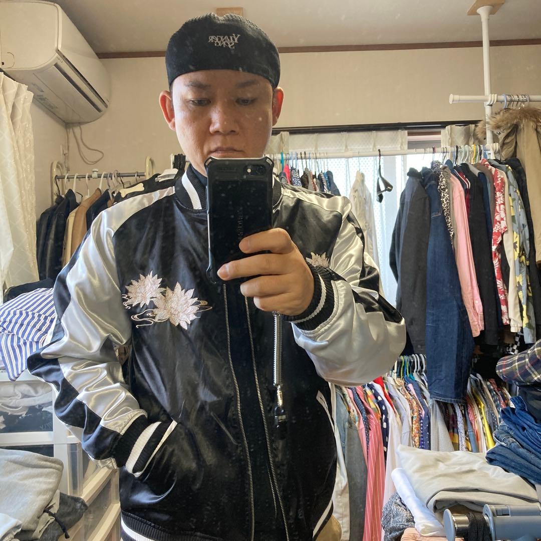 新品　抜刀娘　刺繍入りサテン スカジャン L ネイビー　シルバー　 リバーシブル