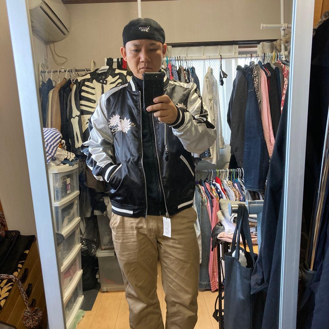 新品　抜刀娘　刺繍入りサテン スカジャン L ネイビー　シルバー　 リバーシブル