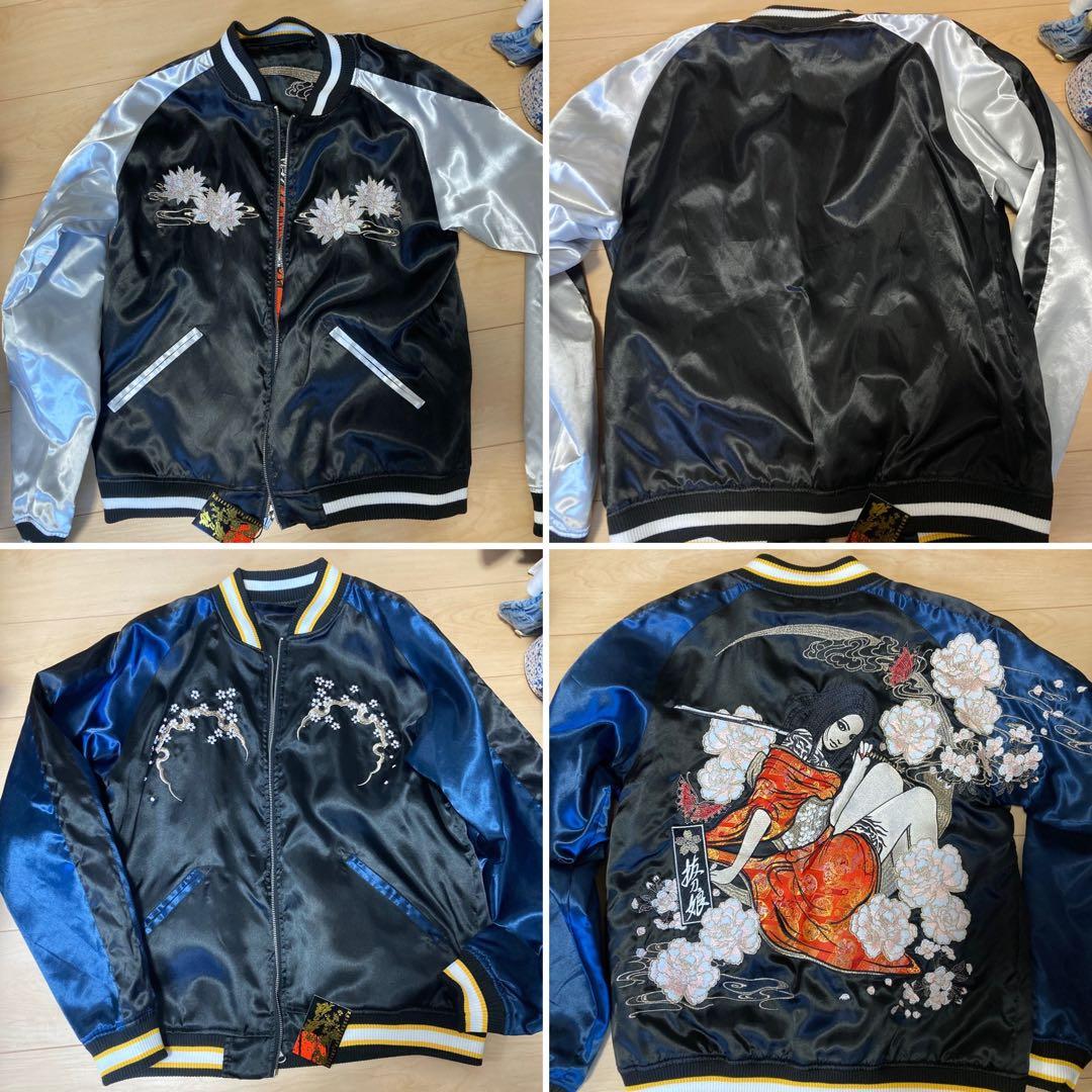 新品　抜刀娘　刺繍入りサテン スカジャン L ネイビー　シルバー　 リバーシブル