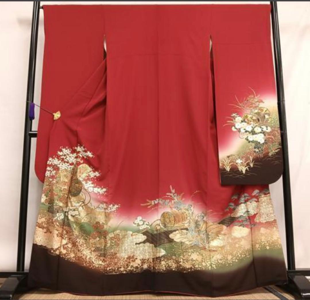 振袖フルセット6点サイズM〜Ｌ糸巻き花文　暈し染め　金彩　正絹