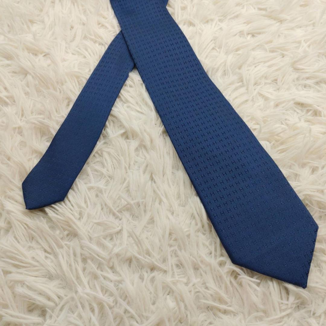 【美品】 エルメス 高級シルクネクタイ ファソネ柄 ネイビーブルー