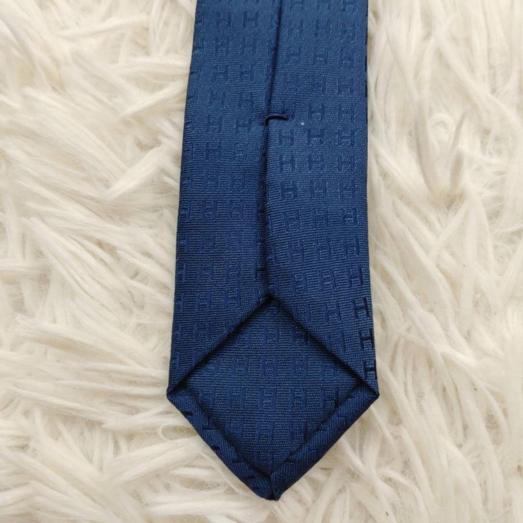 【美品】 エルメス 高級シルクネクタイ ファソネ柄 ネイビーブルー