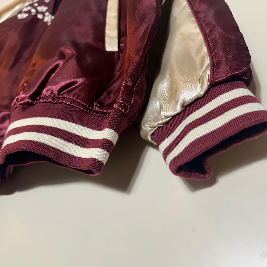 【新品未使用】風神雷神桜刺繍スカジャンワインレッドえんじ金和柄サテンブルゾン