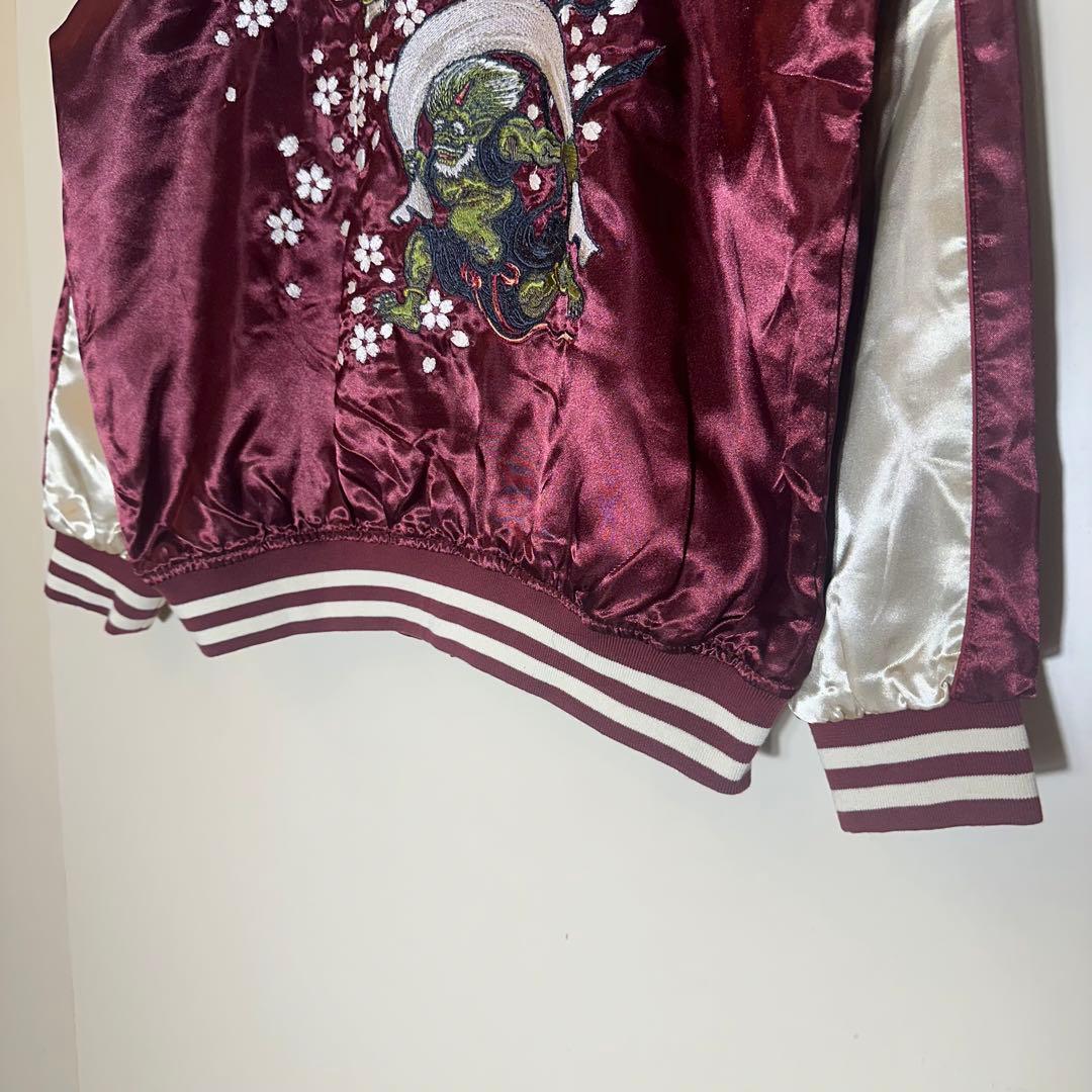 【新品未使用】風神雷神桜刺繍スカジャンワインレッドえんじ金和柄サテンブルゾン