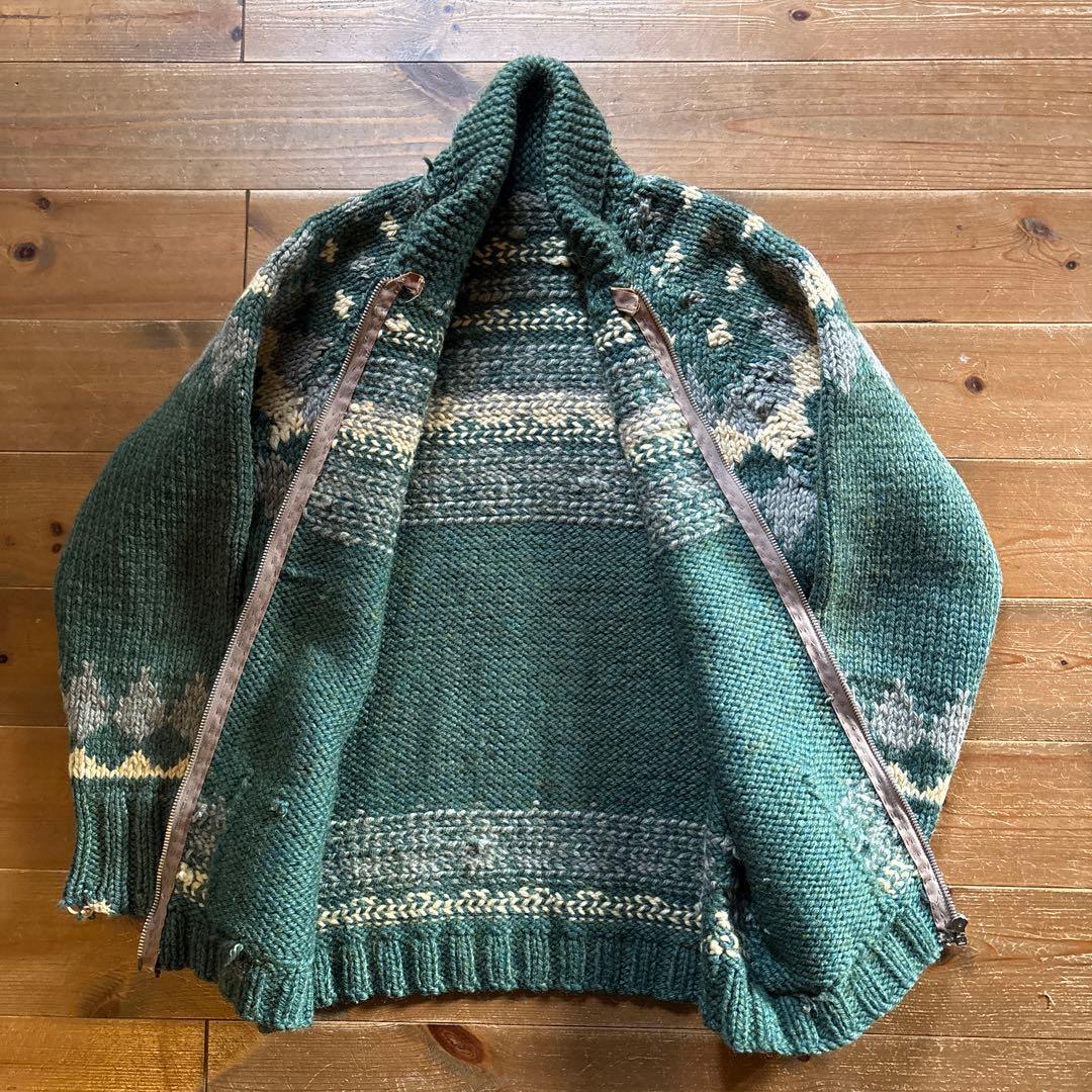 【60sビンテージ】カウチンセーター 緑 メランジ アーガイル 雪 ノルディック