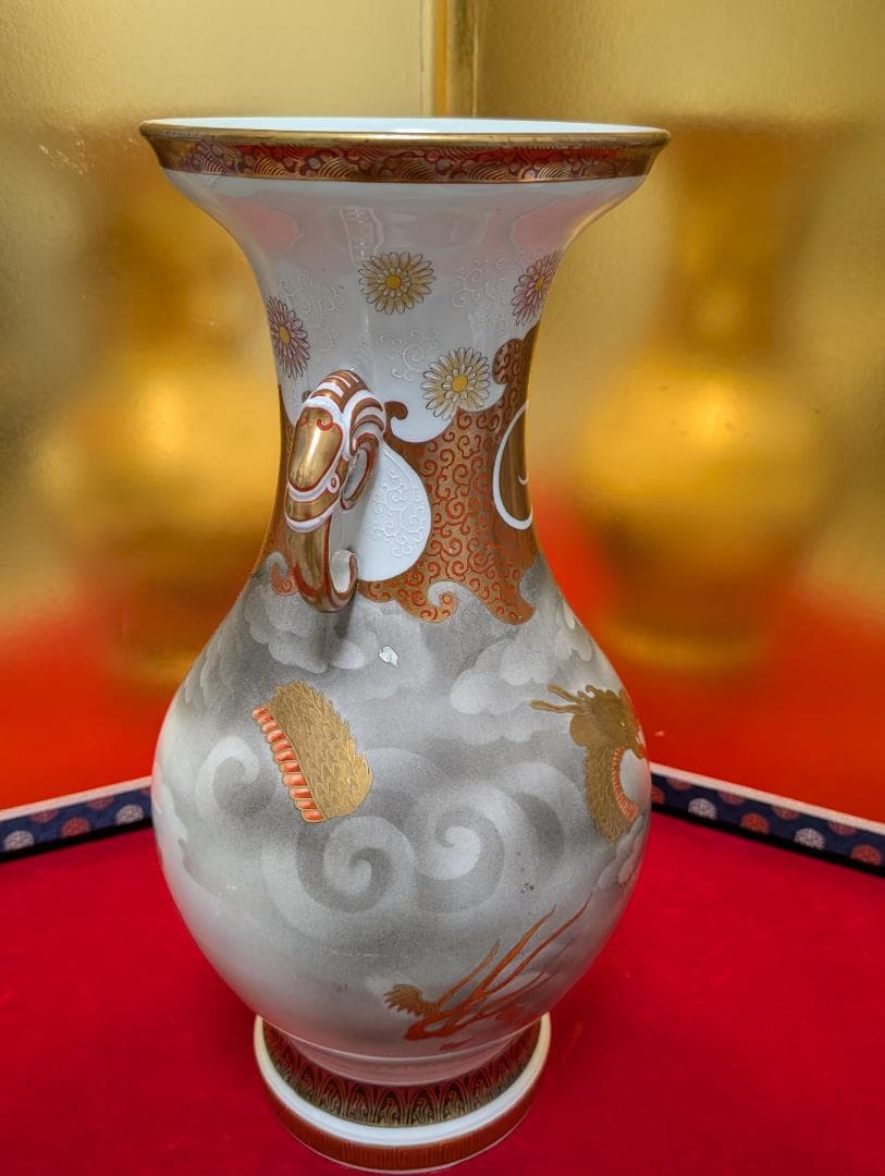 古美術　アンティーク　盤口瓶　双耳広口瓶　穿雲龍紋様　明治　九谷　谷口製