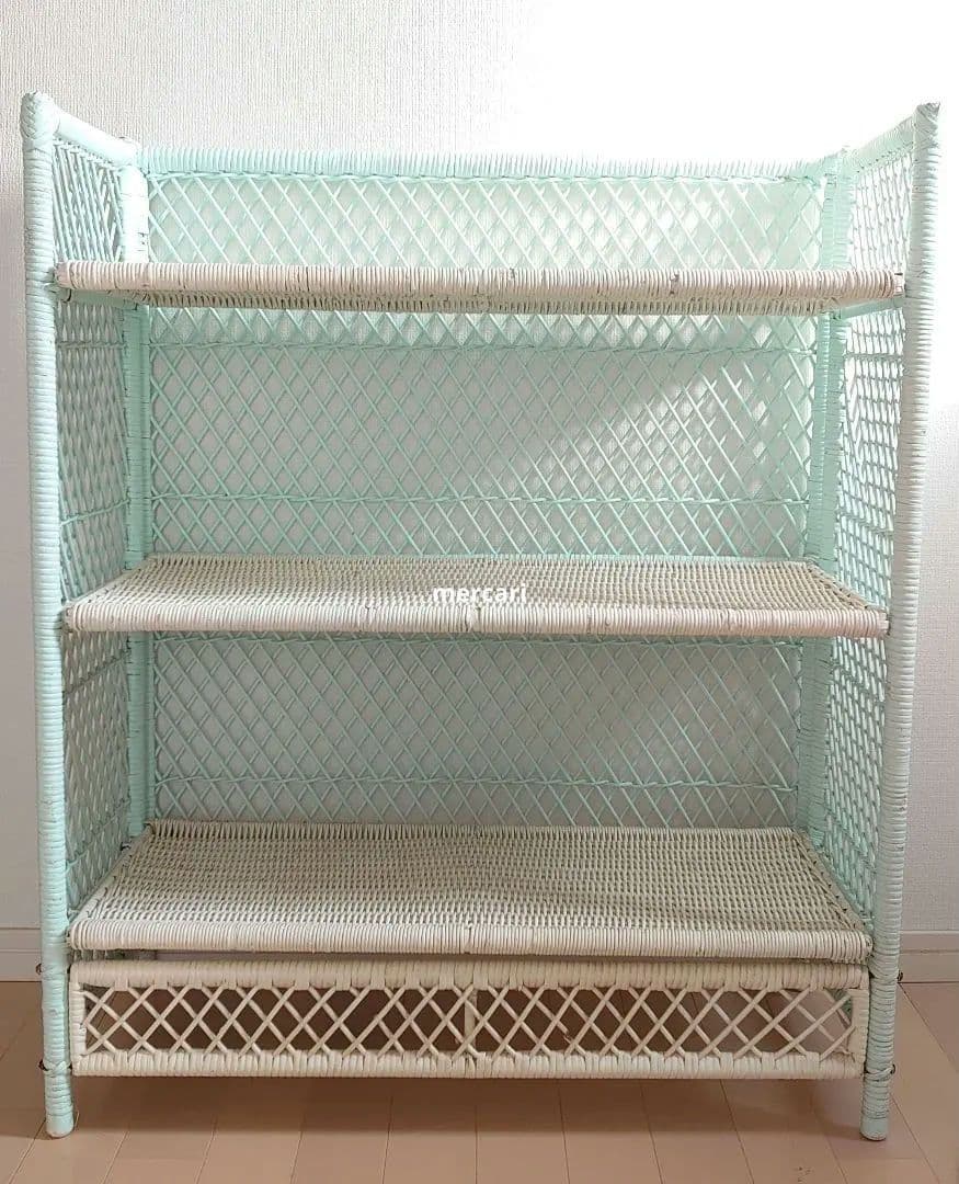 ビンテージ　パステルブルー　ウィッカーシェルフ　ラック