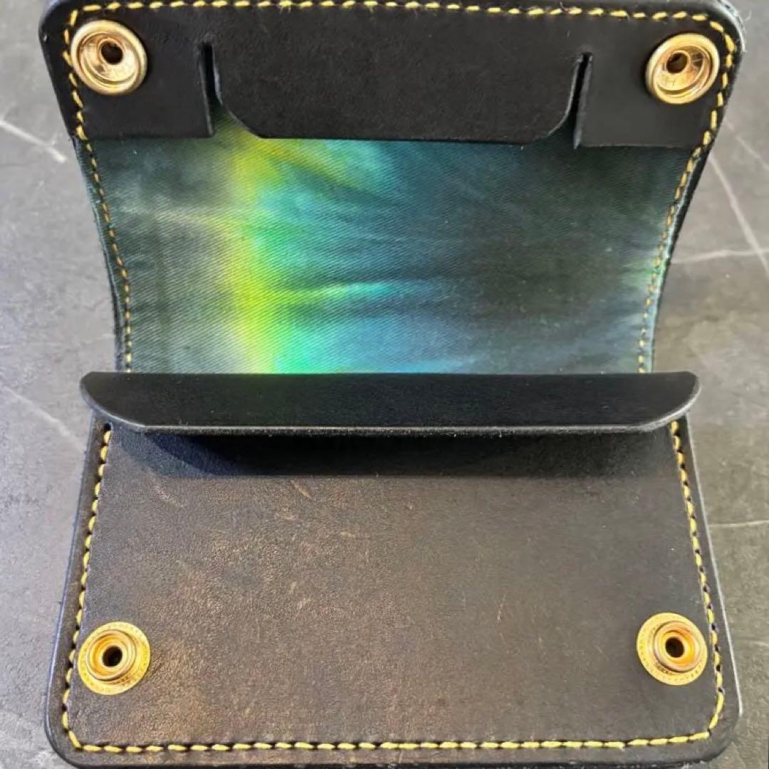 レザーウォレット　トラッカーウォレット　3層　厚手レザー　タイダイ　黒革財布