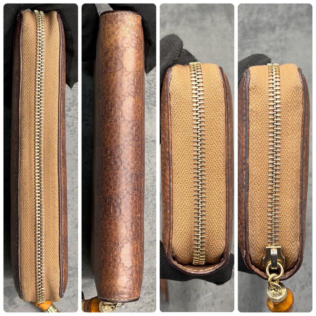 美品 グッチ レオパード シマ ラウンドジップ 長財布 バンブー タッセル 茶