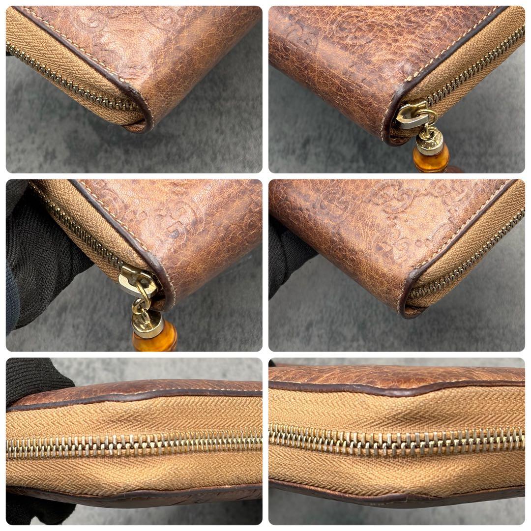 美品 グッチ レオパード シマ ラウンドジップ 長財布 バンブー タッセル 茶