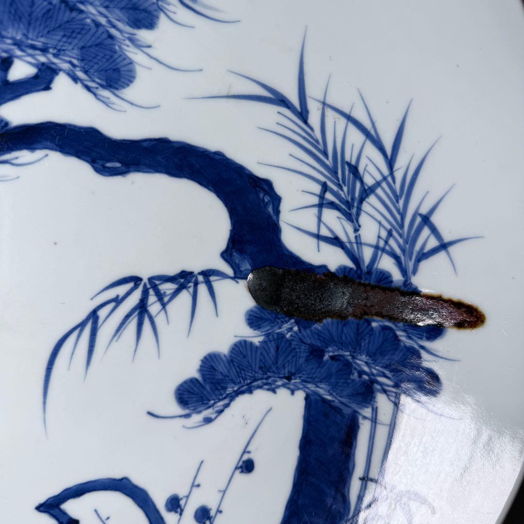 後期鍋島　染付松竹梅大皿　江戸期　三方兜唐花文　高台櫛目文　34cm　蒐集家旧蔵